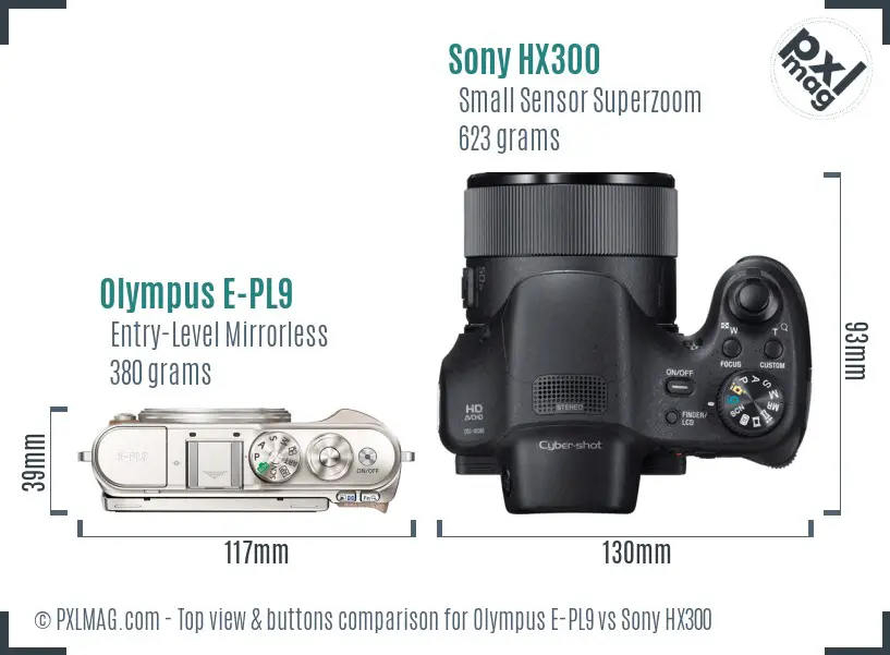 Olympus E-PL9 vs Sony HX300 top view buttons comparison