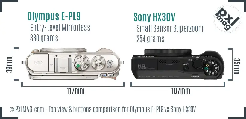 Olympus E-PL9 vs Sony HX30V top view buttons comparison