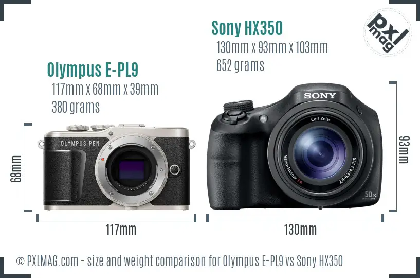 Olympus E-PL9 vs Sony HX350 size comparison