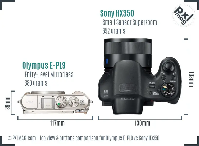 Olympus E-PL9 vs Sony HX350 top view buttons comparison