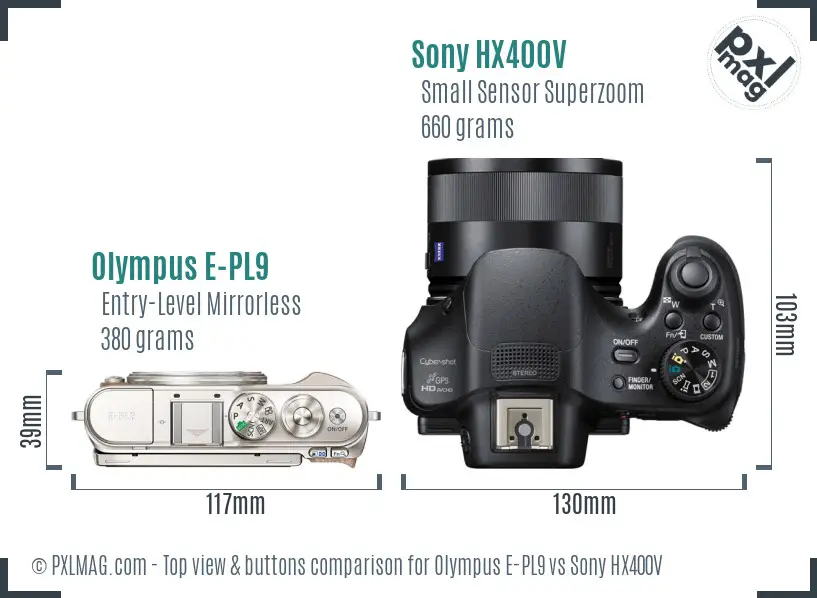 Olympus E-PL9 vs Sony HX400V top view buttons comparison