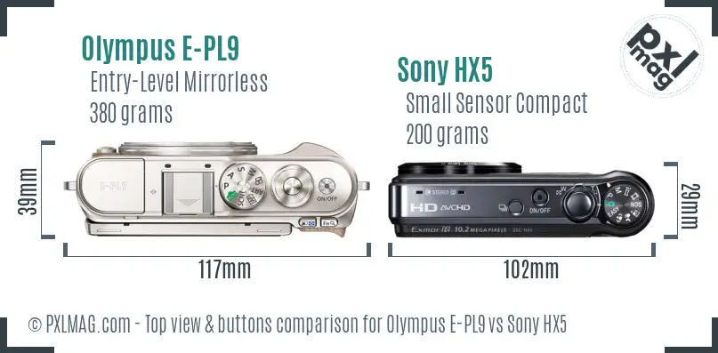 Olympus E-PL9 vs Sony HX5 top view buttons comparison