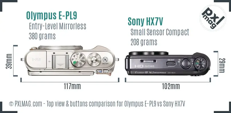 Olympus E-PL9 vs Sony HX7V top view buttons comparison
