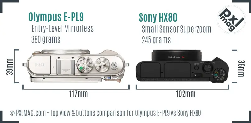 Olympus E-PL9 vs Sony HX80 top view buttons comparison