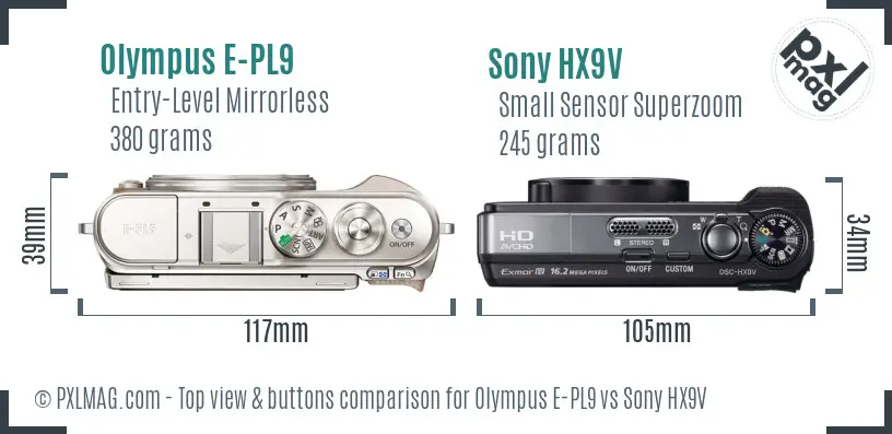 Olympus E-PL9 vs Sony HX9V top view buttons comparison
