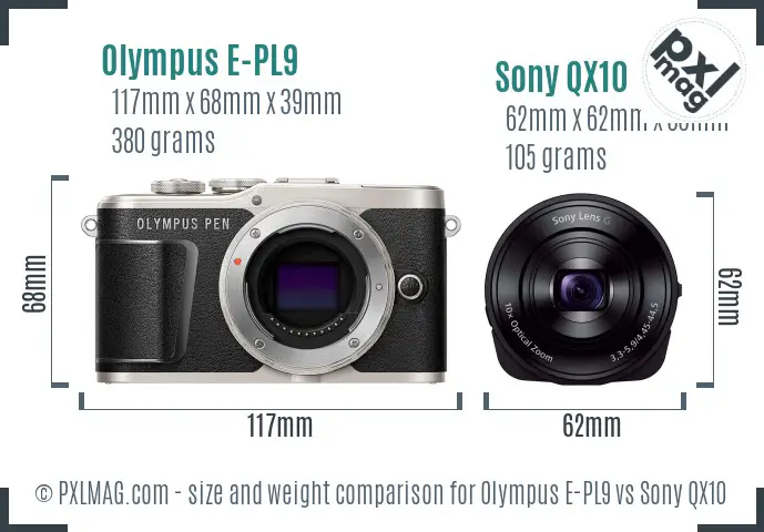 Olympus E-PL9 vs Sony QX10 size comparison