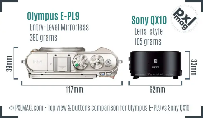 Olympus E-PL9 vs Sony QX10 top view buttons comparison