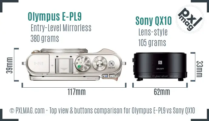 Olympus E-PL9 vs Sony QX10 top view buttons comparison Olympus E-PL9 vs Sony QX10 top view buttons comparison
