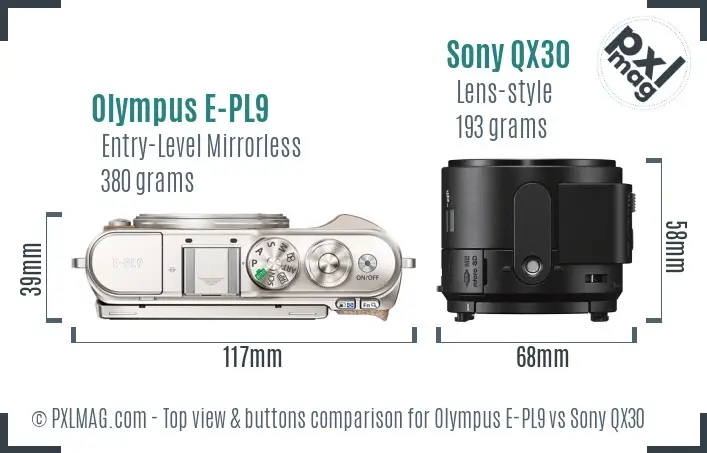 Olympus E-PL9 vs Sony QX30 top view buttons comparison Olympus E-PL9 vs Sony QX30 top view buttons comparison