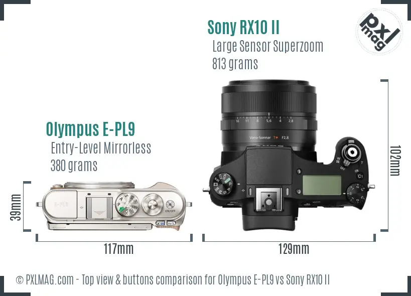 Olympus E-PL9 vs Sony RX10 II top view buttons comparison