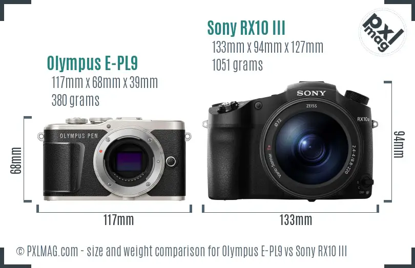 Olympus E-PL9 vs Sony RX10 III size comparison