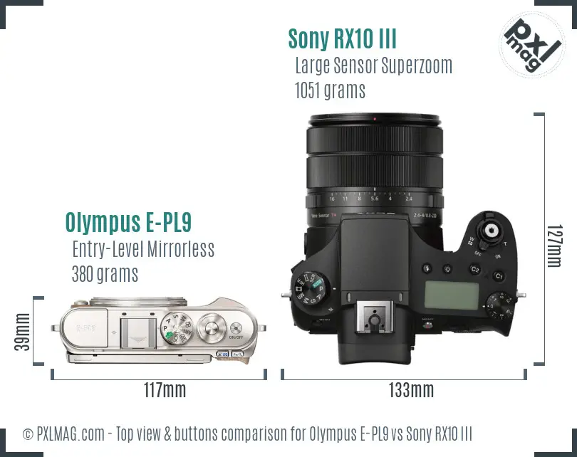Olympus E-PL9 vs Sony RX10 III top view buttons comparison Olympus E-PL9 vs Sony RX10 III top view buttons comparison