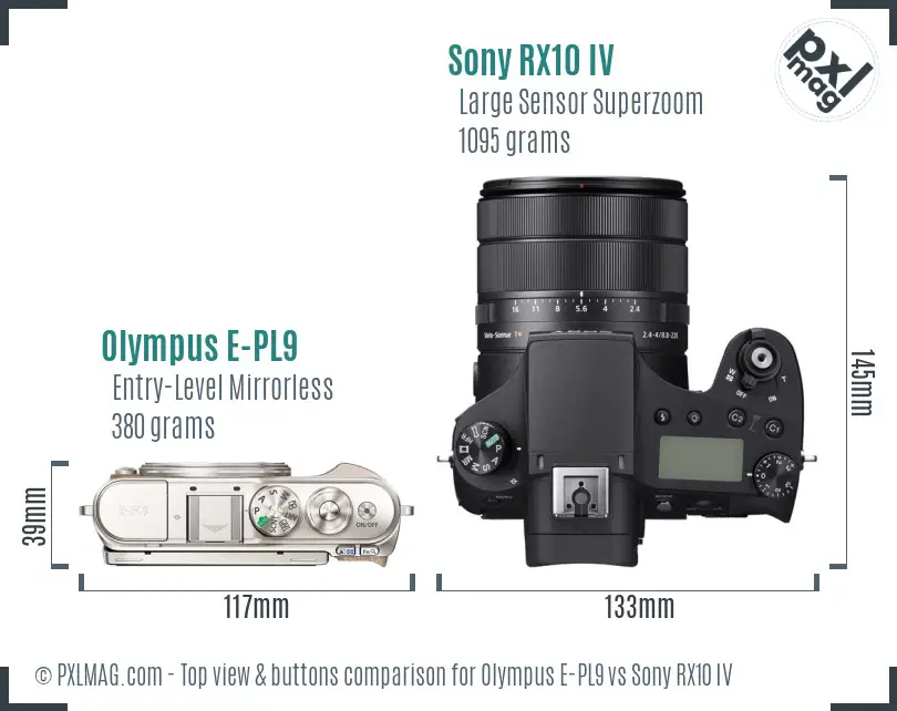 Olympus E-PL9 vs Sony RX10 IV top view buttons comparison