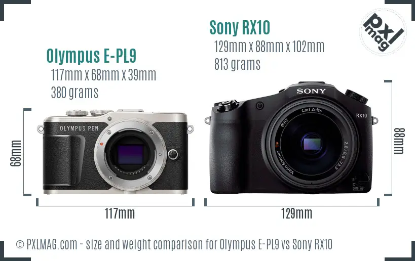Olympus E-PL9 vs Sony RX10 size comparison