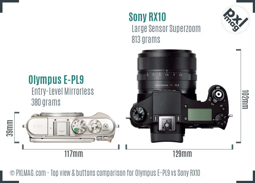 Olympus E-PL9 vs Sony RX10 top view buttons comparison