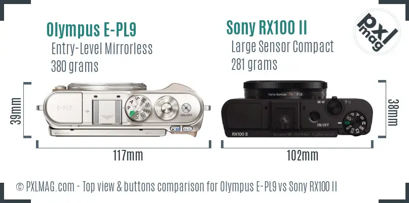 Olympus E-PL9 vs Sony RX100 II top view buttons comparison