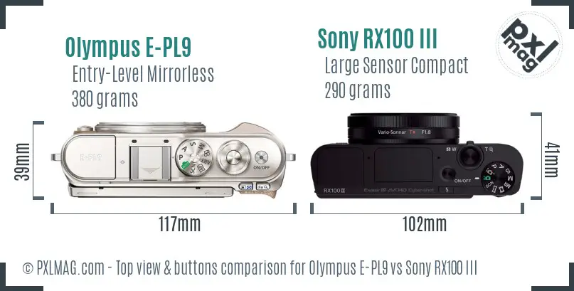 Olympus E-PL9 vs Sony RX100 III top view buttons comparison