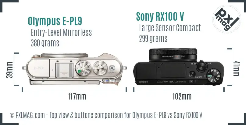 Olympus E-PL9 vs Sony RX100 V top view buttons comparison