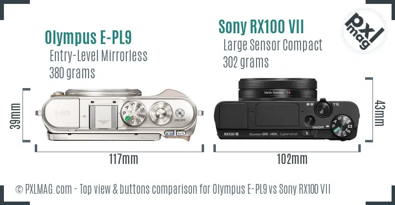 Olympus E-PL9 vs Sony RX100 VII top view buttons comparison