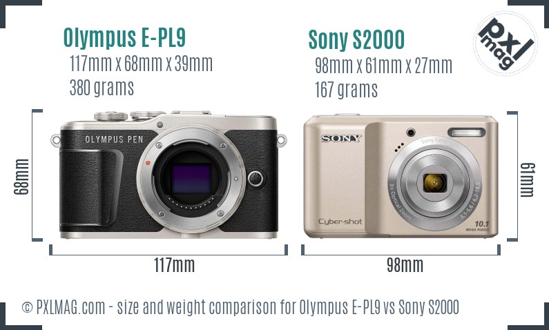 Olympus E-PL9 vs Sony S2000 size comparison