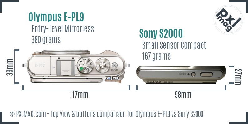 Olympus E-PL9 vs Sony S2000 top view buttons comparison