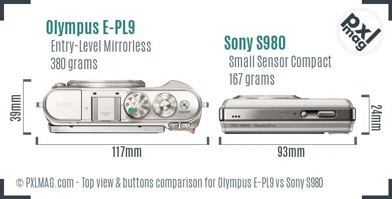 Olympus E-PL9 vs Sony S980 top view buttons comparison