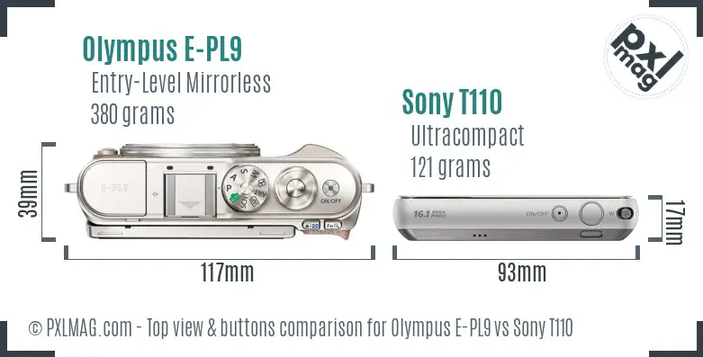 Olympus E-PL9 vs Sony T110 top view buttons comparison