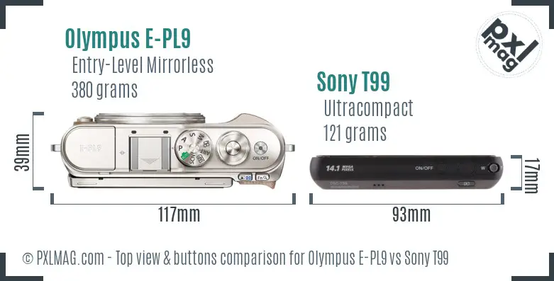 Olympus E-PL9 vs Sony T99 top view buttons comparison