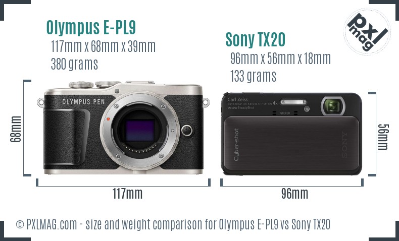 Olympus E-PL9 vs Sony TX20 size comparison