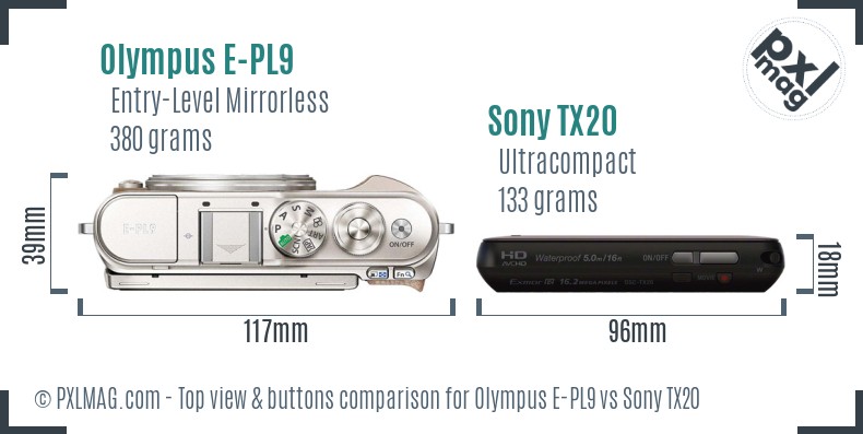 Olympus E-PL9 vs Sony TX20 top view buttons comparison