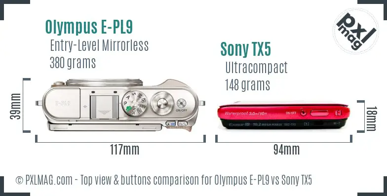Olympus E-PL9 vs Sony TX5 top view buttons comparison