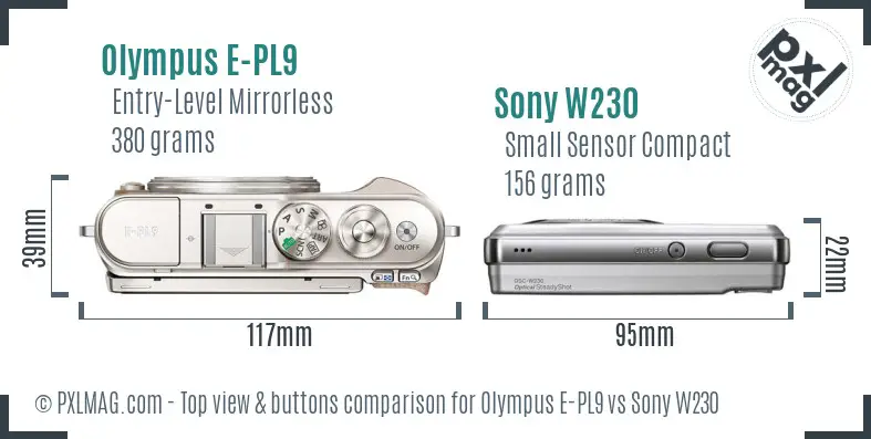Olympus E-PL9 vs Sony W230 top view buttons comparison