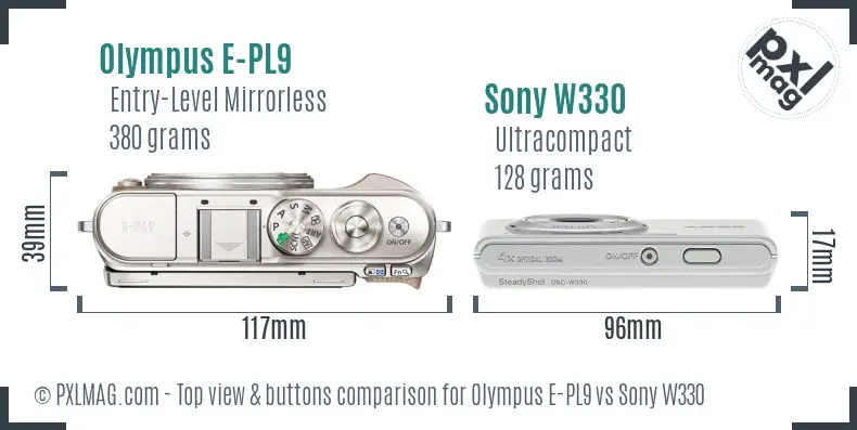 Olympus E-PL9 vs Sony W330 top view buttons comparison