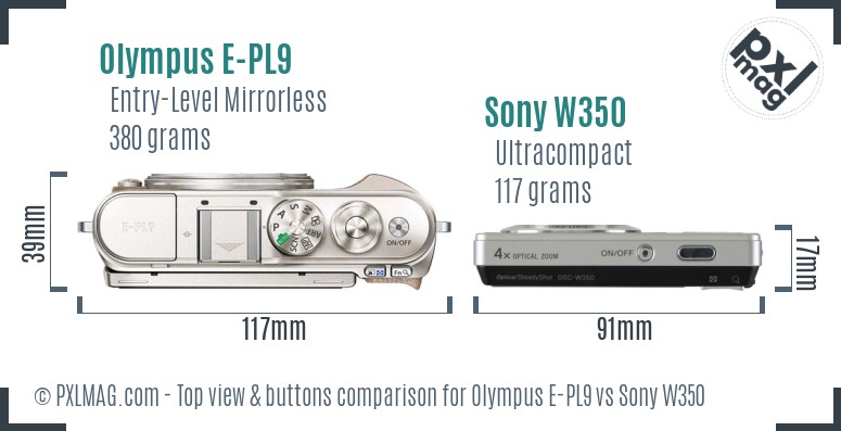 Olympus E-PL9 vs Sony W350 top view buttons comparison
