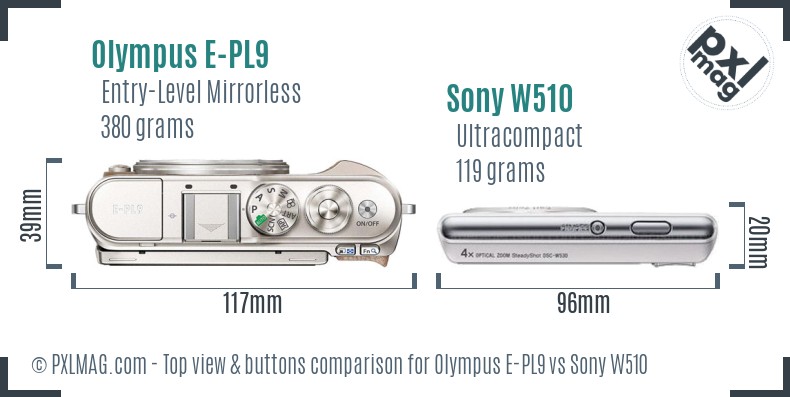 Olympus E-PL9 vs Sony W510 top view buttons comparison