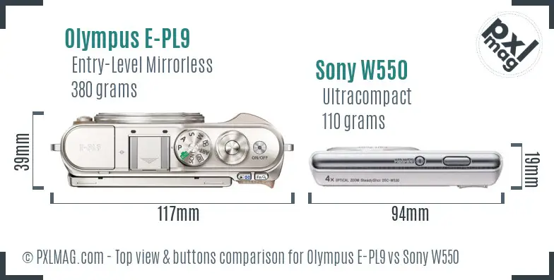 Olympus E-PL9 vs Sony W550 top view buttons comparison