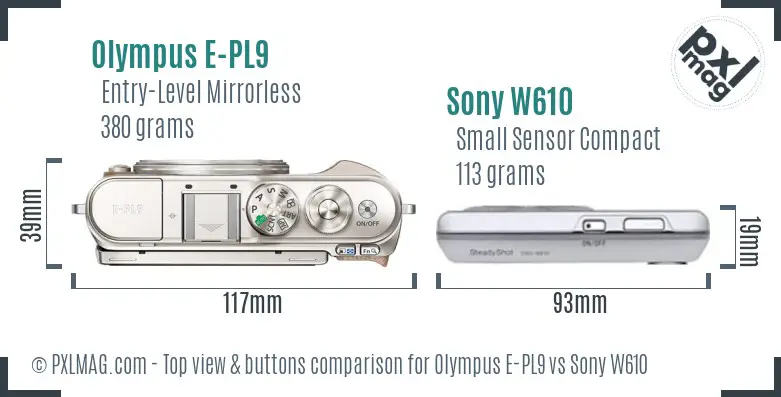 Olympus E-PL9 vs Sony W610 top view buttons comparison Olympus E-PL9 vs Sony W610 top view buttons comparison
