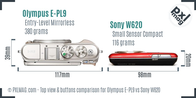 Olympus E-PL9 vs Sony W620 top view buttons comparison