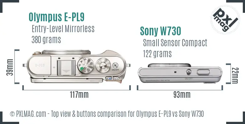 Olympus E-PL9 vs Sony W730 top view buttons comparison
