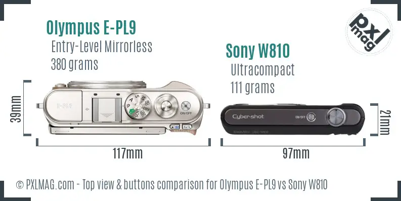 Olympus E-PL9 vs Sony W810 top view buttons comparison