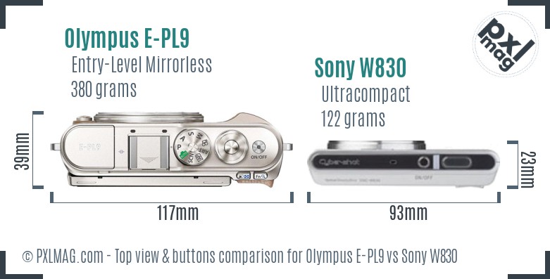 Olympus E-PL9 vs Sony W830 top view buttons comparison