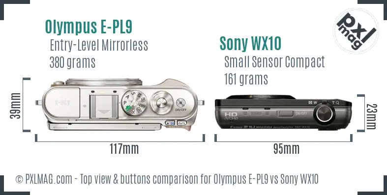 Olympus E-PL9 vs Sony WX10 top view buttons comparison