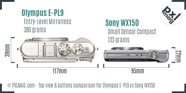 Olympus E-PL9 vs Sony WX150 top view buttons comparison