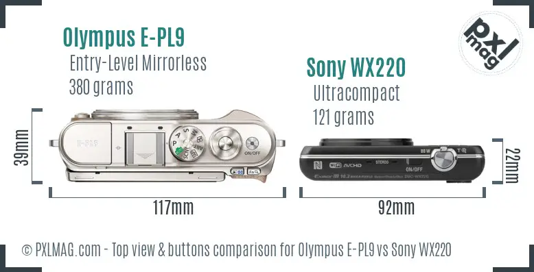 Olympus E-PL9 vs Sony WX220 top view buttons comparison