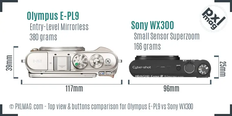 Olympus E-PL9 vs Sony WX300 top view buttons comparison Olympus E-PL9 vs Sony WX300 top view buttons comparison