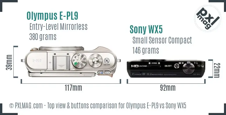 Olympus E-PL9 vs Sony WX5 top view buttons comparison