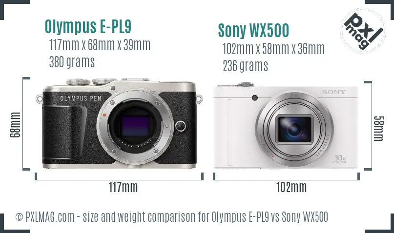 Olympus E-PL9 vs Sony WX500 size comparison Olympus E-PL9 vs Sony WX500 size comparison