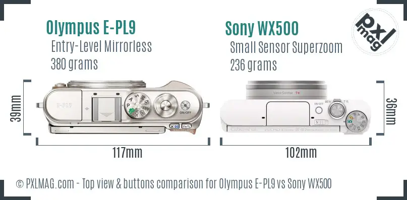 Olympus E-PL9 vs Sony WX500 top view buttons comparison Olympus E-PL9 vs Sony WX500 top view buttons comparison