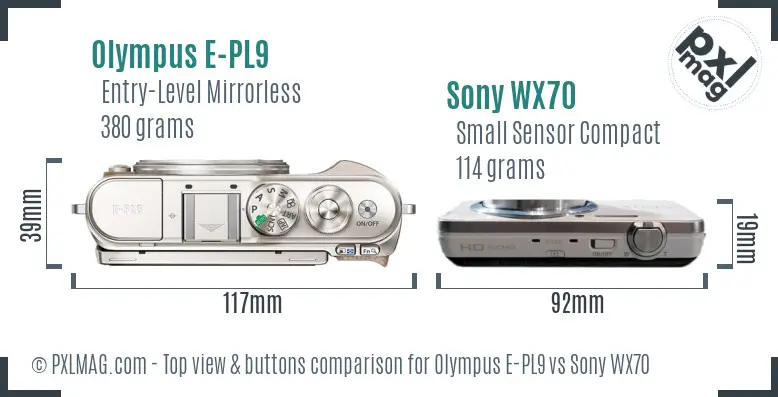 Olympus E-PL9 vs Sony WX70 top view buttons comparison