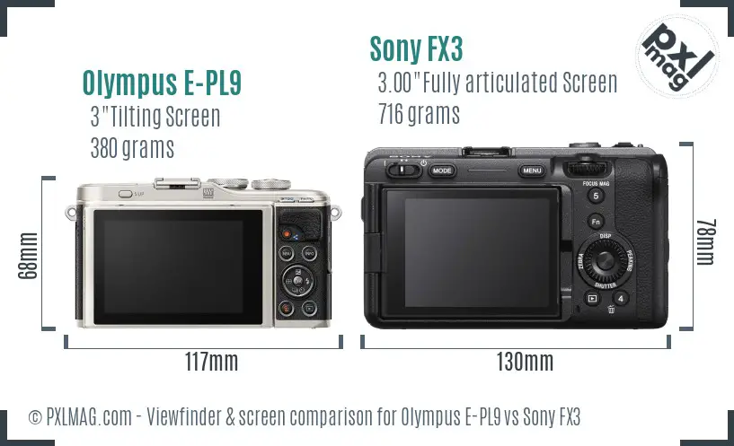 Olympus E-PL9 vs Sony FX3 Screen and Viewfinder comparison